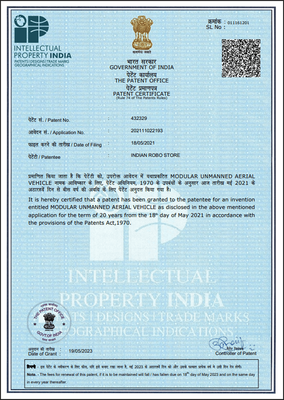 Intellectual Property India Certificate - Modular Unmanned Aerial Vehicle